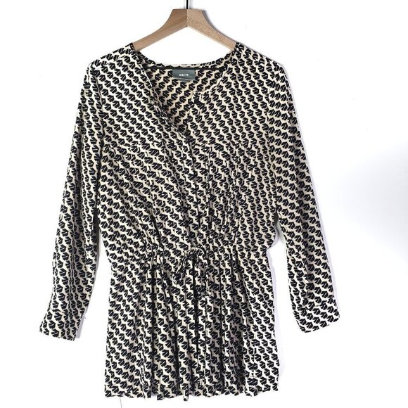 Maeve Button Front Peplum Bird Print Blouse S Tie Waist Black Ivory Pleated - Picture 2 of 9